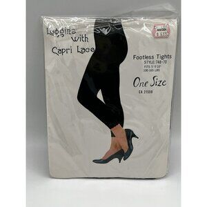 Vintage Footless Tights Leggins with Capri Lace BLACK One Size Nylon NOS unused